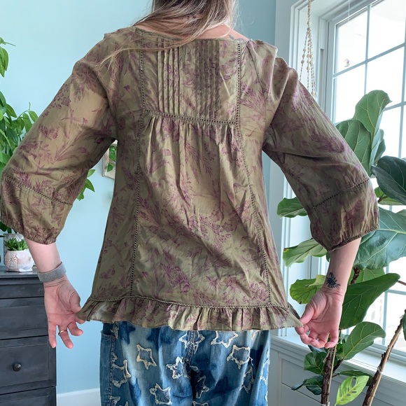 Vintage Anthropologie Bird Print Smocked Blouse - Picture 3 of 4